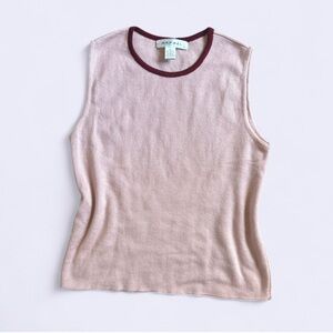 Rafael Vintage Pink Sleeveless Knit Top Womens L Contrast Burgundy Trim